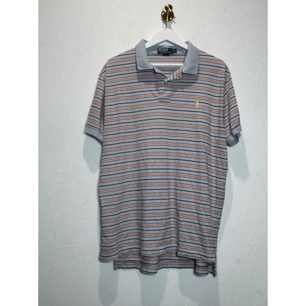 Vintage Polo Ralph Lauren Striped Polo Shirt Mens L Grey Orange Yellow 90s Retro